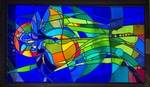 Abstract stained-glass panel in a dark wood frame. A vibrant, multicolored form rises from the lower center, composed of curved pieces of blue, green, yellow, orange, and turquoise glass. An orange-red circular halo-like shape and scattered white star-like dots appear near the top against a deep cobalt-blue background. Flowing vertical lines and leaf-like shapes create an upward sense of growth and renewal. The composition is dominated by cool blues and greens with bright accents of yellow, orange, and red. by Stephen Wilson